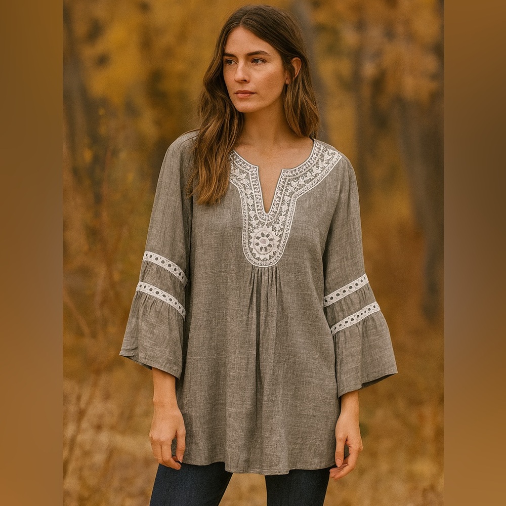 CalStyle Crochet Trim‎ Tunic Top Large gray neutral boho flowy peasant lace